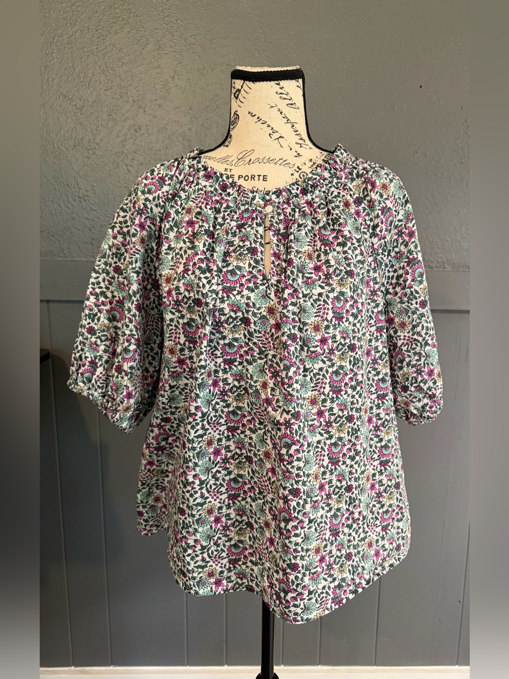 J. Crew Floral Peasant Top - White with Pink & Green